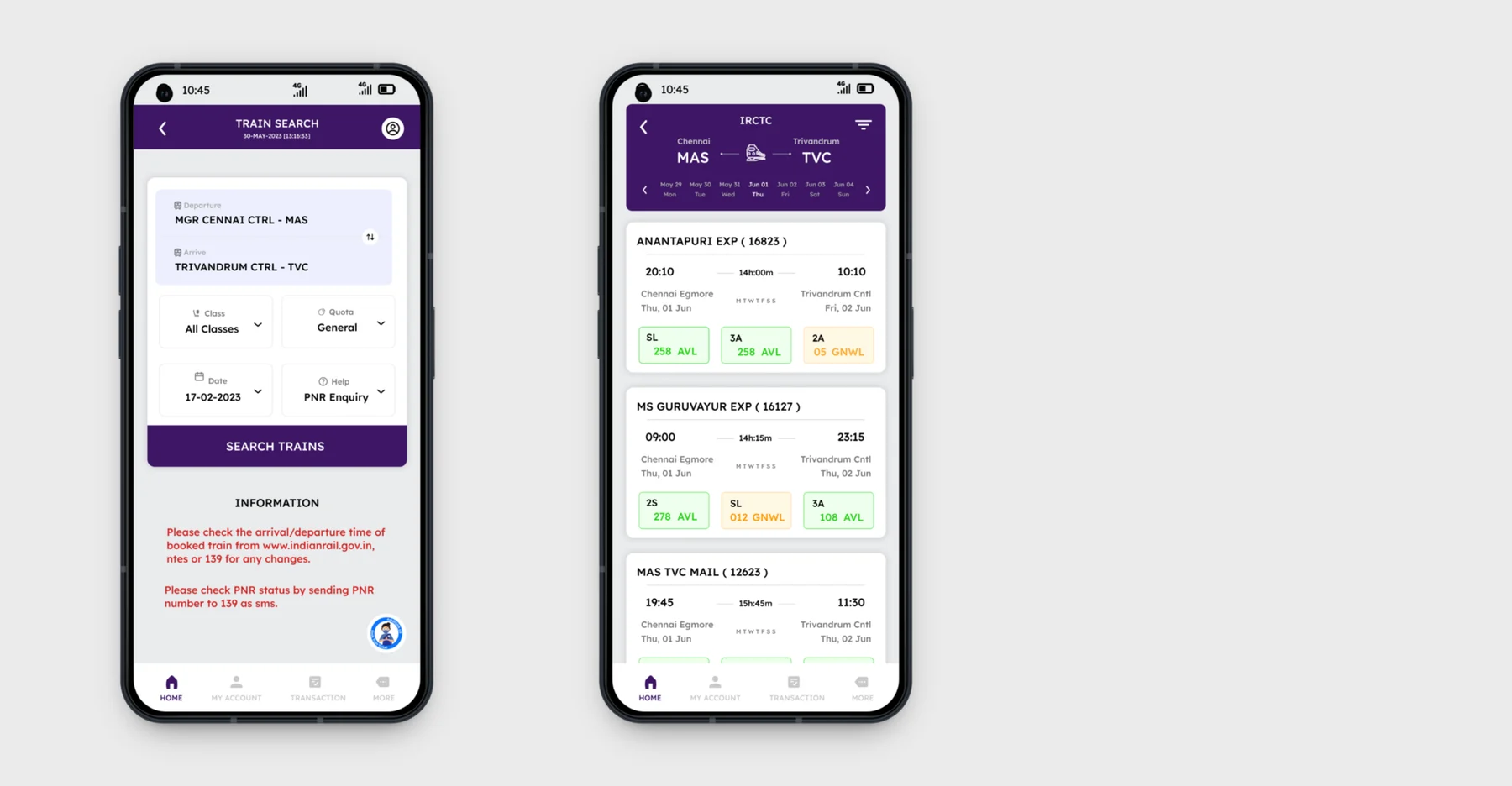 IRCTC redesign screens: train search form and train results list with seat availability